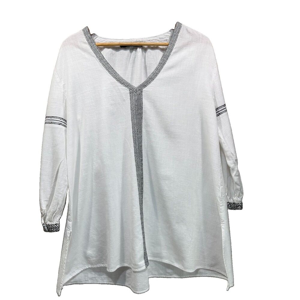 ZARA BASIC Women's Size XL White V-Neck Pullover Stitching Accent Tunic Top